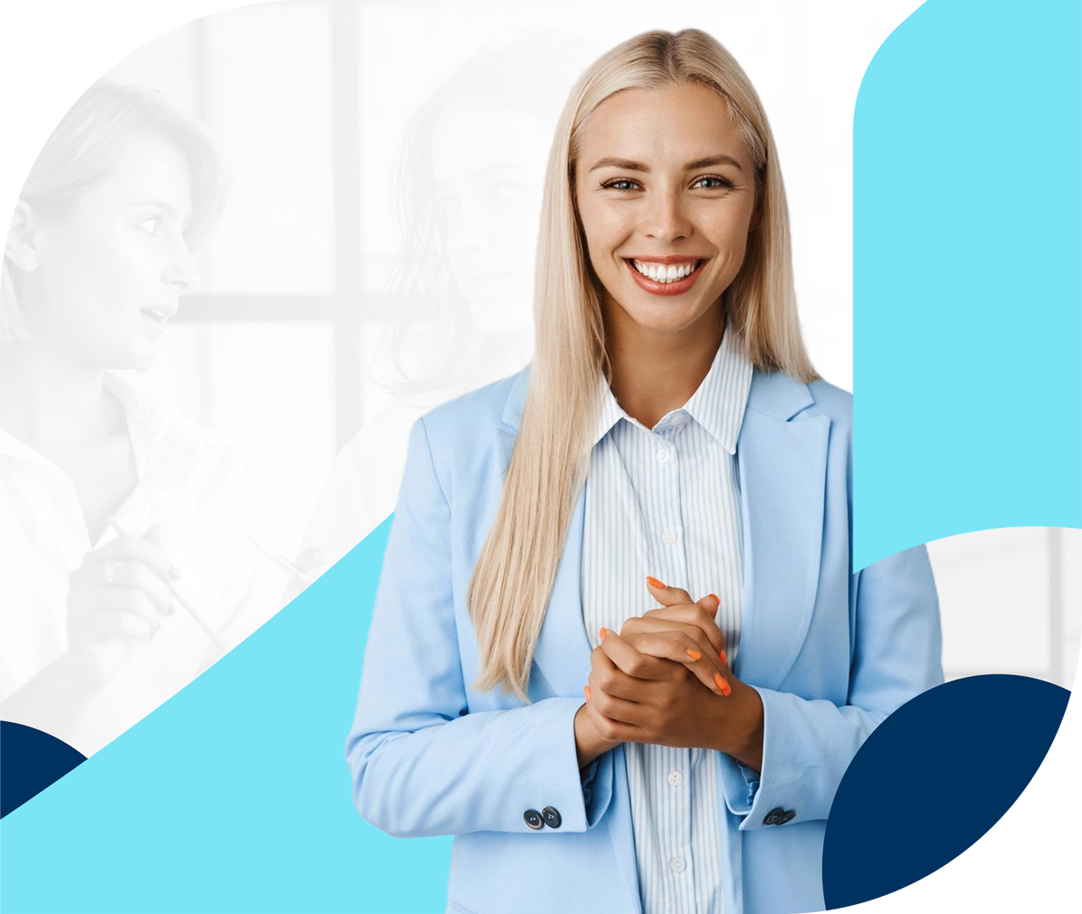 A woman in a blue suit is smiling with her hands folded | Blue Jay ABA