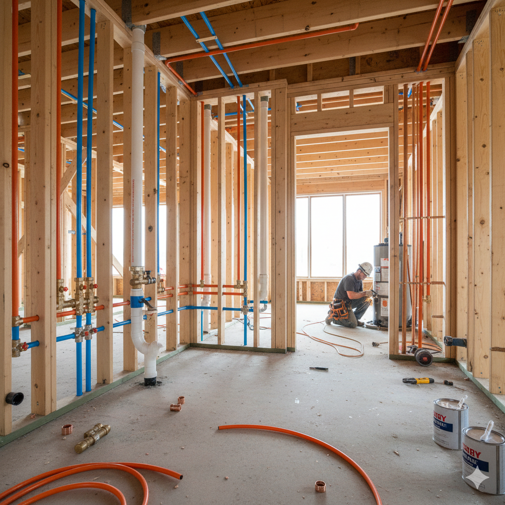 Interior view of a building under construction. Framing with pipes for plumbing. A worker is in the background.