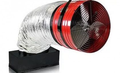 Red and black industrial fan with flexible silver ducting, mounted on a black box.