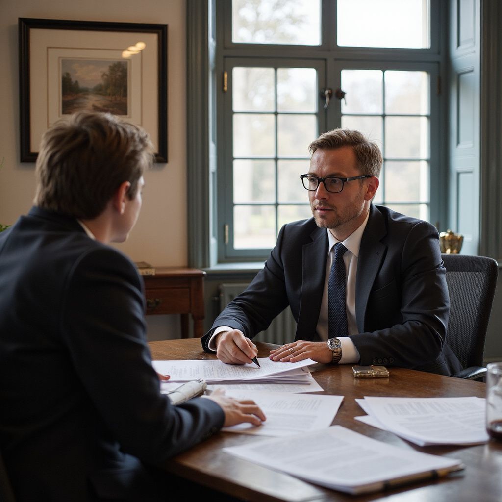 Two men in suits at a table reviewing documents, lit by a window.