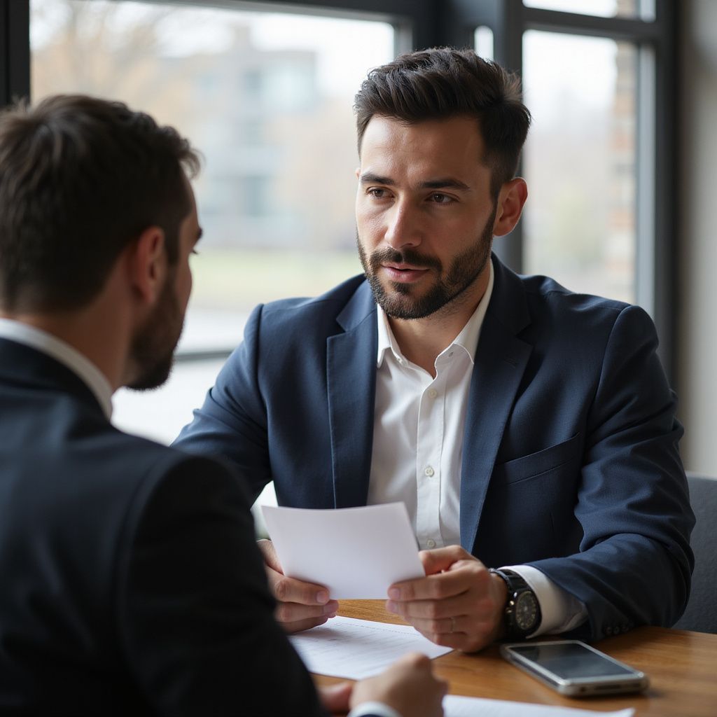 Two men in suits at a table, one holding papers, talking. Modern office, natural light.