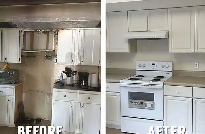 Split-screen showing a kitchen renovation: a damaged wall and missing range hood before, and clean white cabinets after.