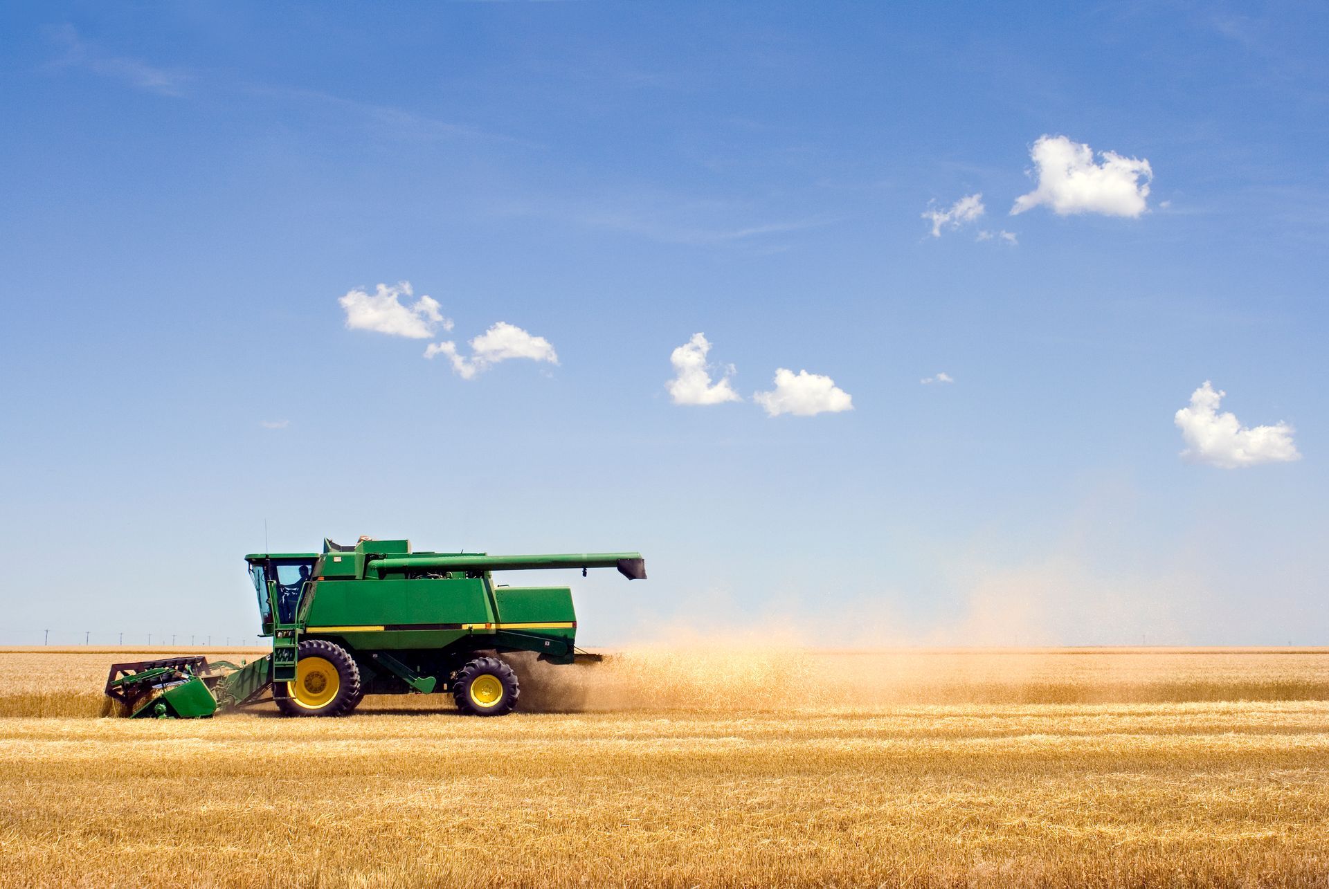 A green combine harvester is driving through a field of wheat.