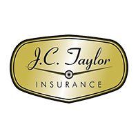 The logo for j.c. taylor insurance is a gold badge.