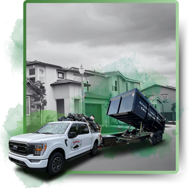 A Deseret Junk trailer filled with garbage is parked in front of a house