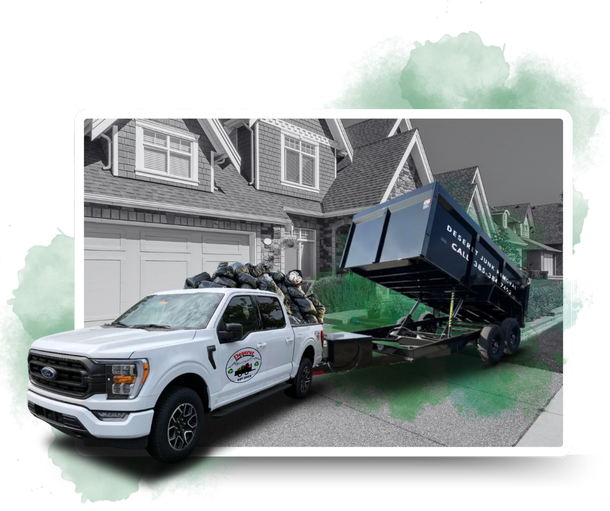 A Deseret Junk trailer filled with garbage is parked in front of a house