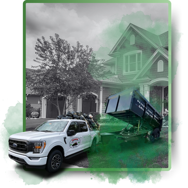 A Deseret Junk trailer filled with garbage is parked in front of a house