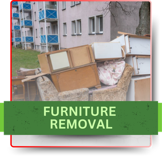 A pile of thrown away furniture in front of the houses, with green banner and texts in the foreground