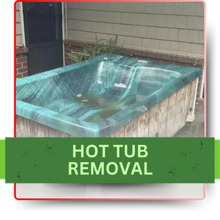 An old hot tub with green banner and texts in the foreground.