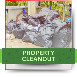 A pile of thrown garbage with green banner and texts in the foreground.