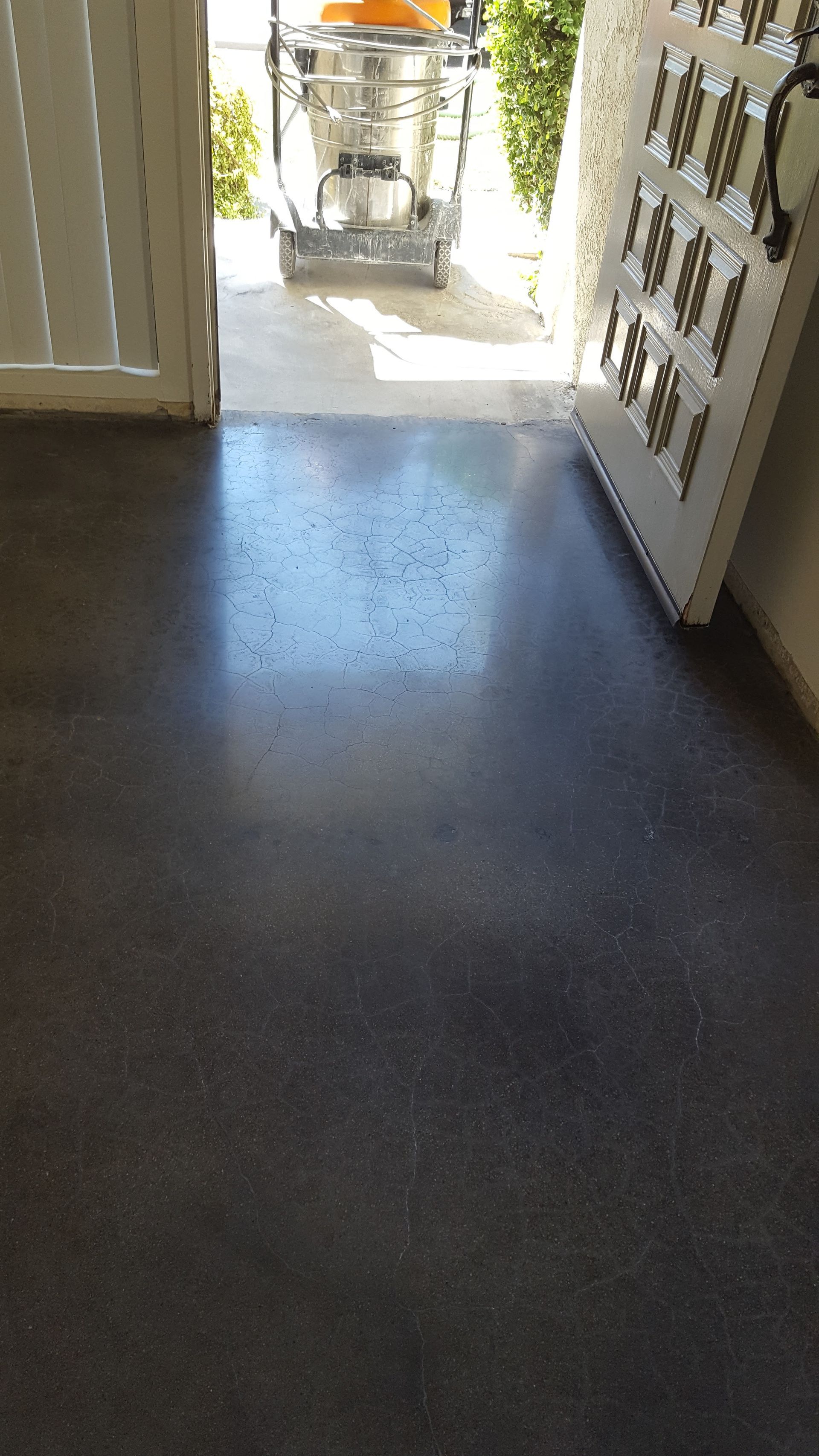 A black floor with a white door in the background.