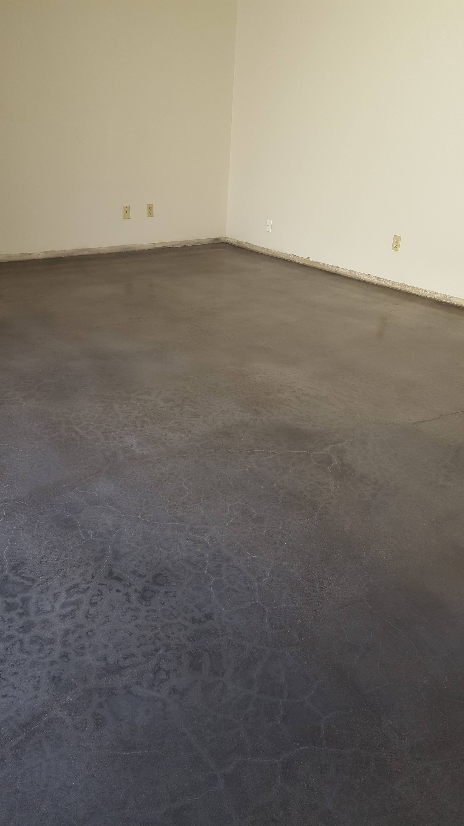 An empty room with a black floor and white walls.