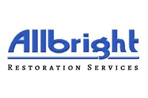 The allbright restoration services logo is blue and white.