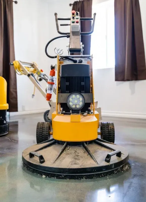 a yellow polishing machine is sitting on a concrete floor in a room in Yucca Valley, South California.