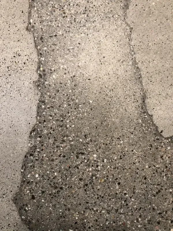 Gray speckled concrete floor with an irregular crack.