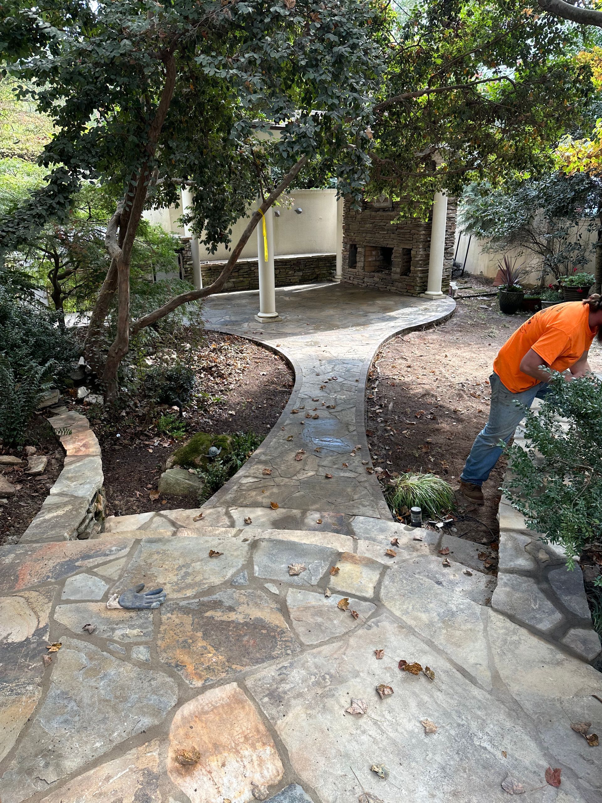 A man is standing on a stone walkway in a garden.
