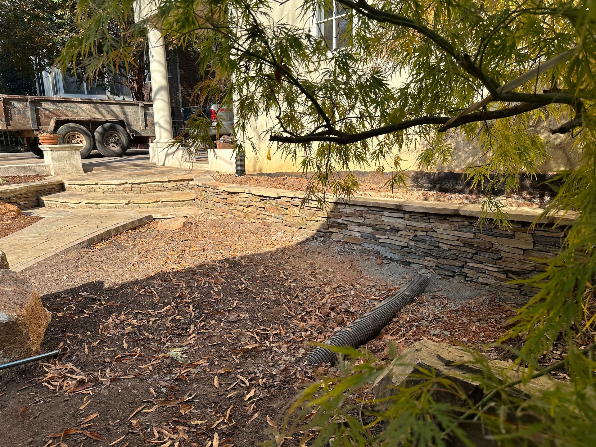 A truck is parked in a driveway next to a tree.