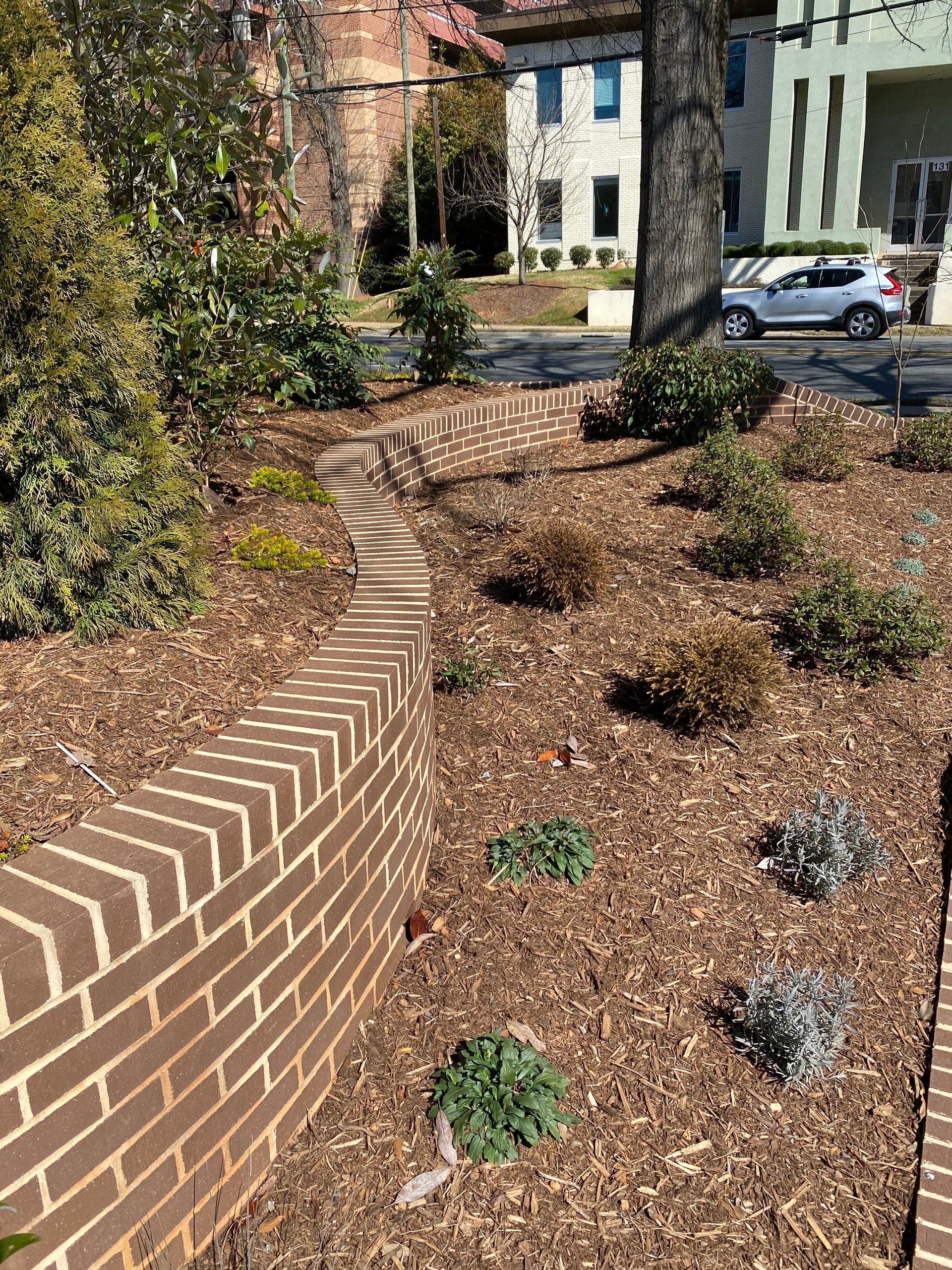 A brick wall is surrounded by mulch and plants in a garden.