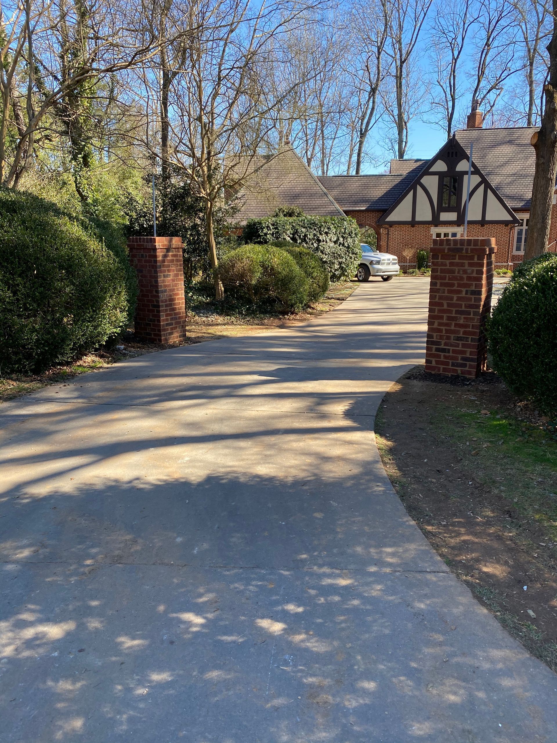 A driveway leading to a house surrounded by trees and bushes