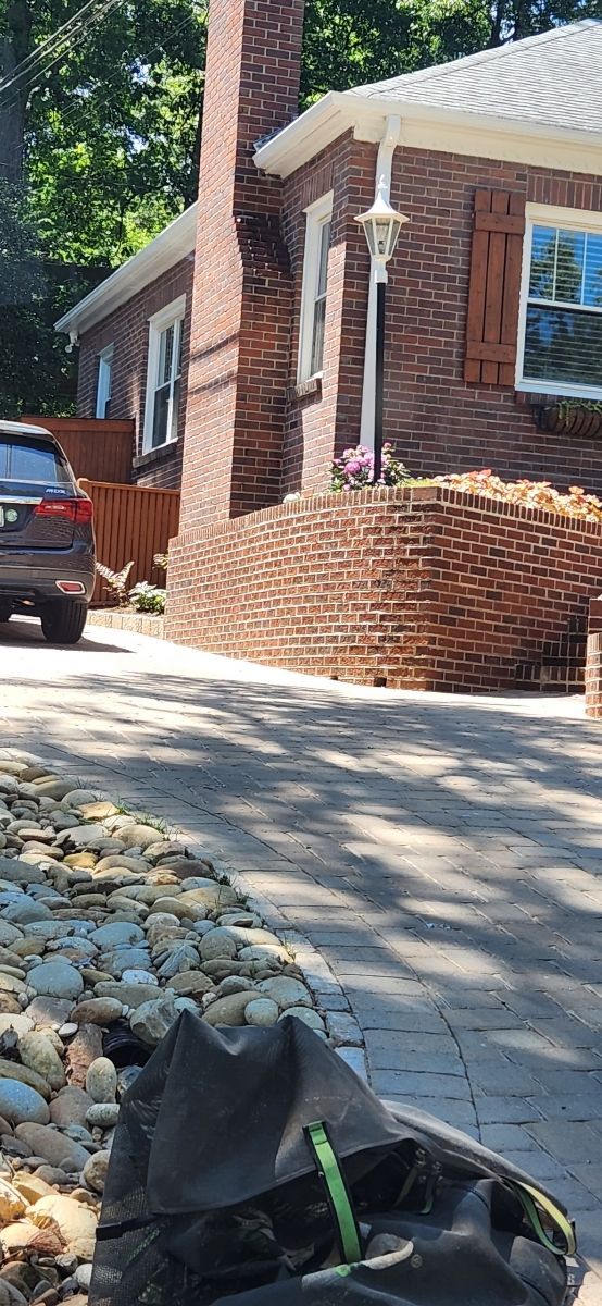 A turtle is laying on the sidewalk in front of a brick house.