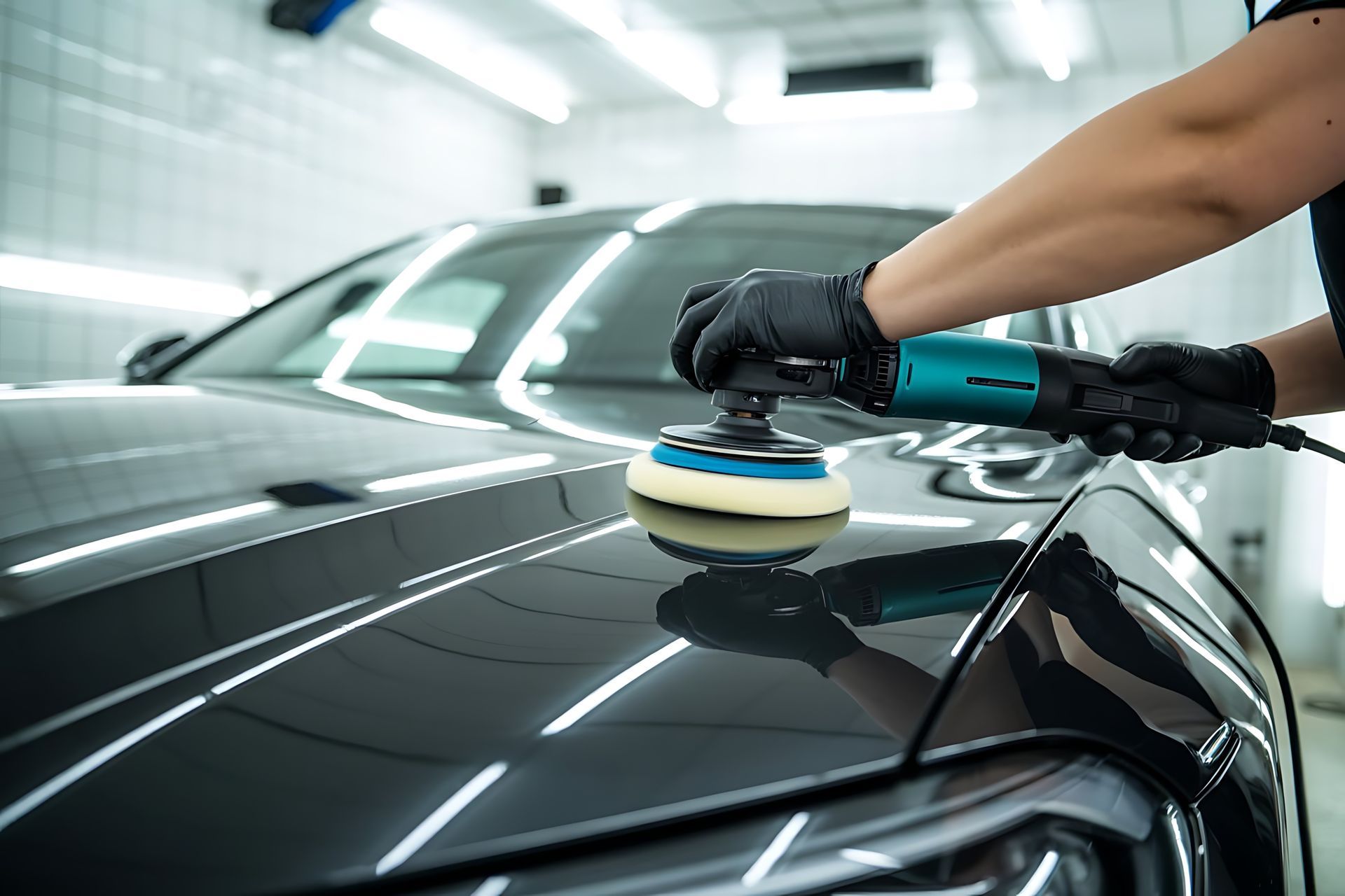 Person wearing gloves cleaning a car's tire rim with a brush.