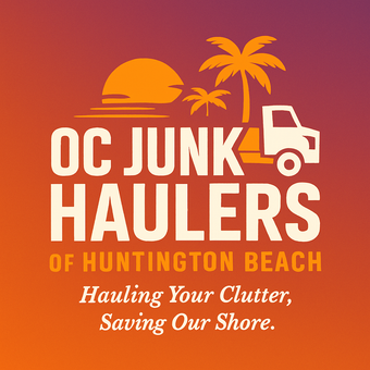 Logo for OC Junk Haulers of Huntington Beach: truck, palm trees, sun, orange gradient.