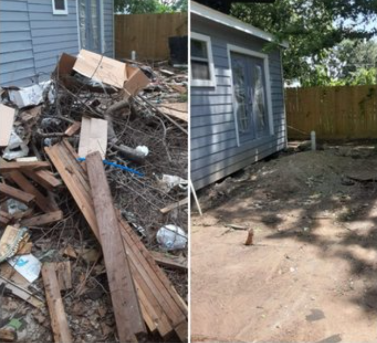 Before-and-after view of a yard cleanup: trash and debris pile transformed into a clear, dirt yard next to a shed.