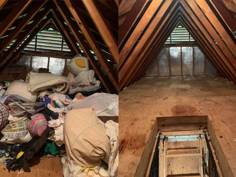 Attic before and after: cluttered with textiles versus cleared out, showing the wooden beams and a pull-down ladder.