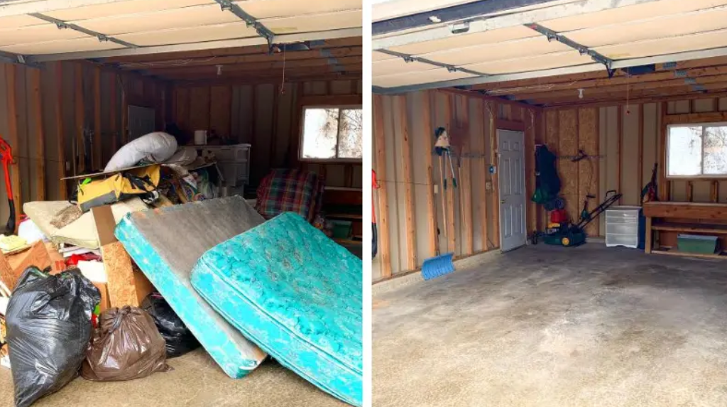 Before and after photos of a garage. Cluttered with trash, then cleaned out.