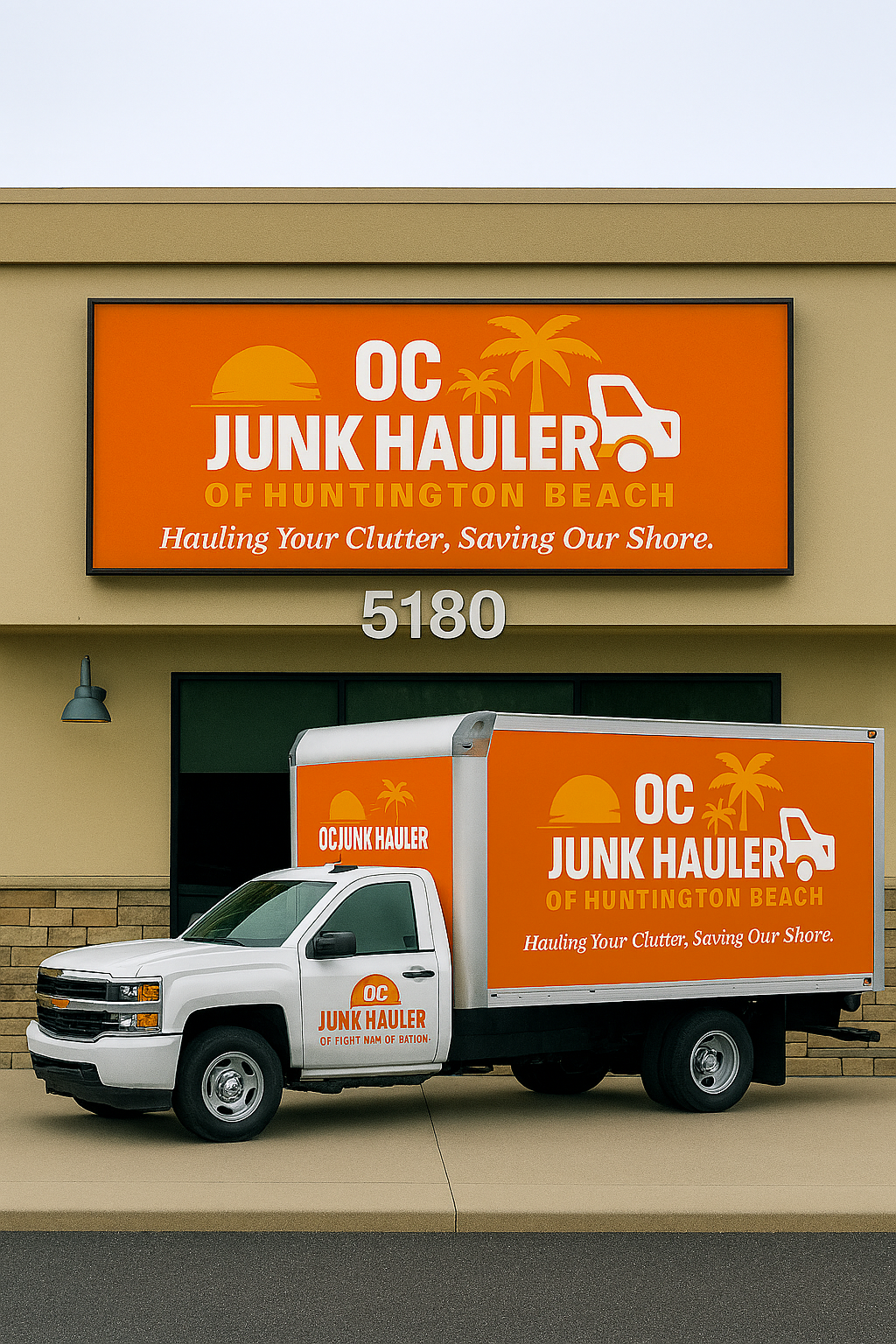 A white OC Junk Hauler truck parked in front of a building with a sign of the same logo.