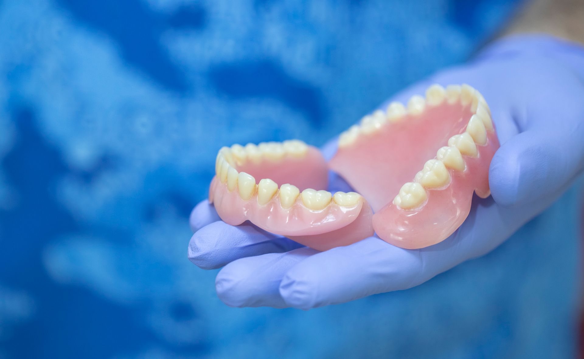 A person wearing purple gloves is holding a denture in their hands.