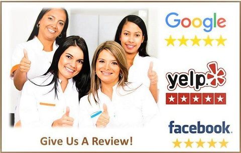 A group of women giving a thumbs up next to google yelp and facebook logos