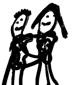 A black and white drawing of two stick figures hugging each other