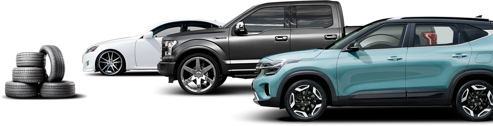 Stack of tires next to a white car, gray truck, and light-blue SUV. | Pro Tire & Automotive Center