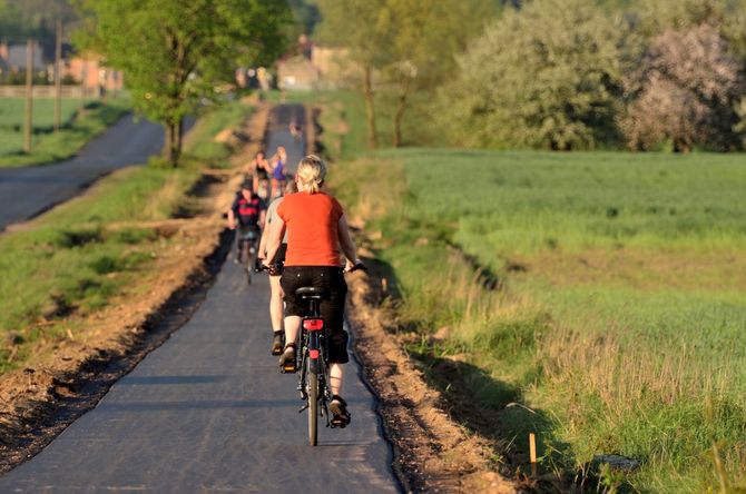 Ciclisti che percorrono un sentiero asfaltato in campagna, costeggiato da campi verdi e alberi.