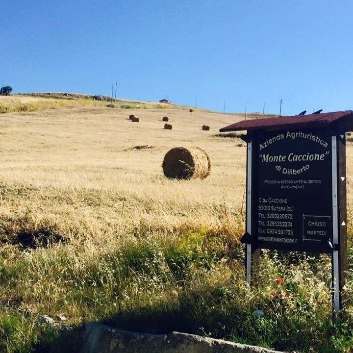 Un campo di fieno con balle rotonde e un cartello stradale sotto un cielo azzurro e limpido.