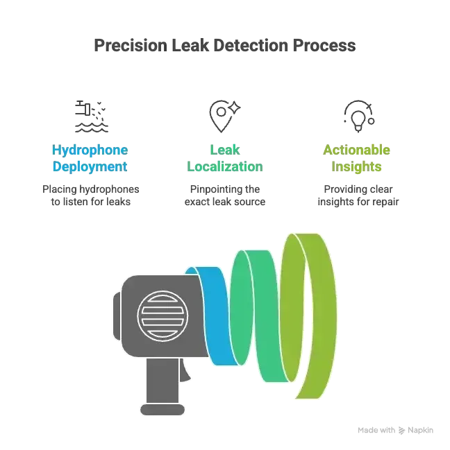 Precision leak detection process infographic with hydrophon deployment, leak localization, and actionable insights.