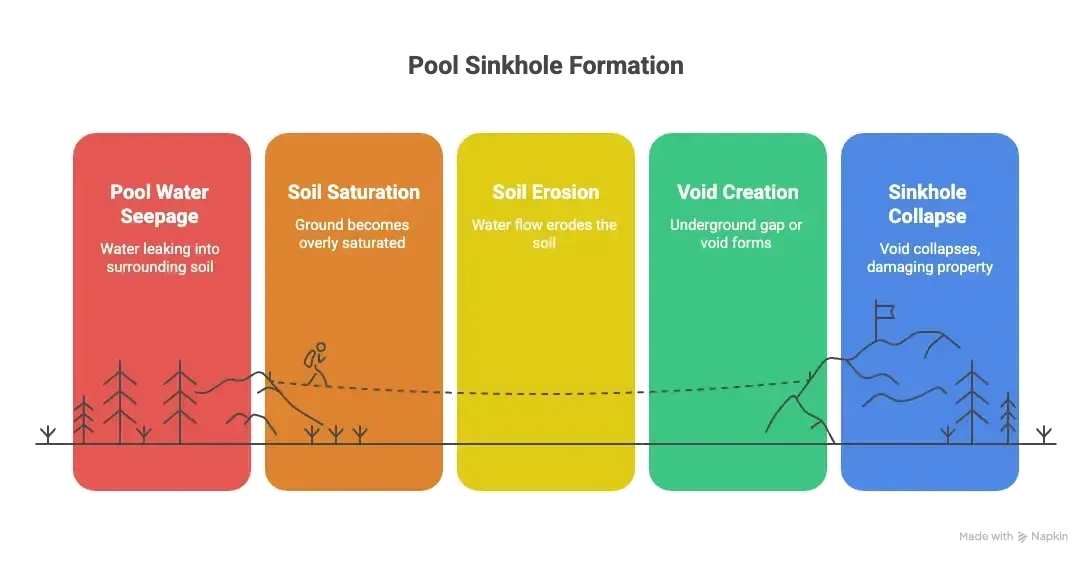 Five-step pool sinkhole formation infographic in red, orange, yellow, green, and blue panels with simple diagrams