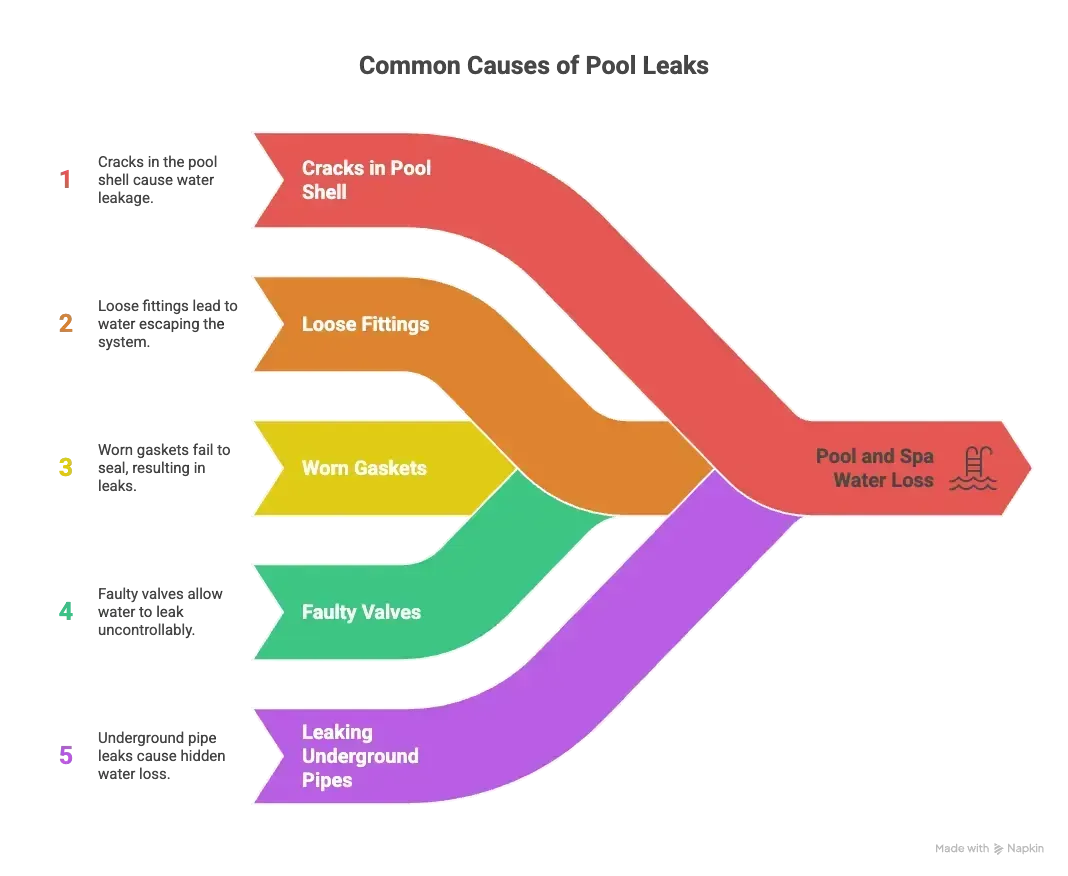 Infographic of common pool leaks: cracked pool shell, loose fittings, worn seals, faulty valves, leaking underground pipes.