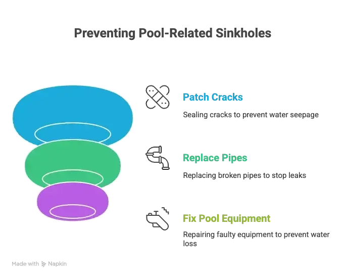 Infographic on preventing pool-related sinkholes with cracked, broken pipes and pool equipment repairs