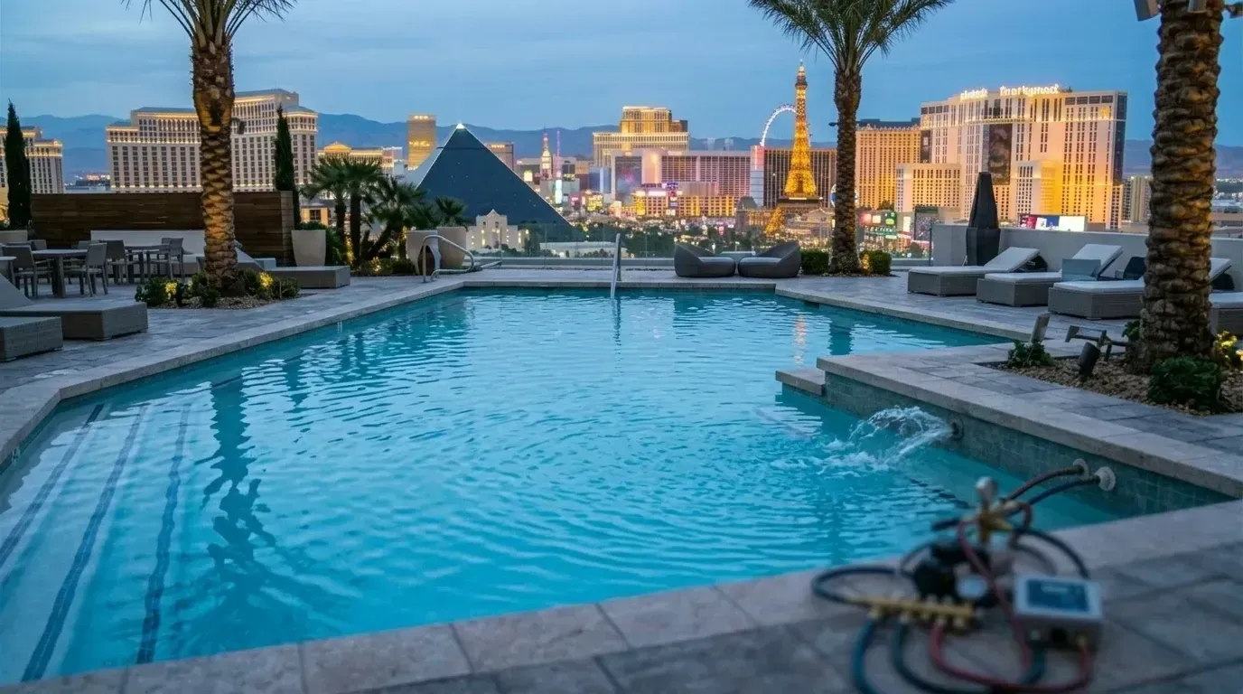 Resort pool at dusk with palm trees and city lights reflecting in the water