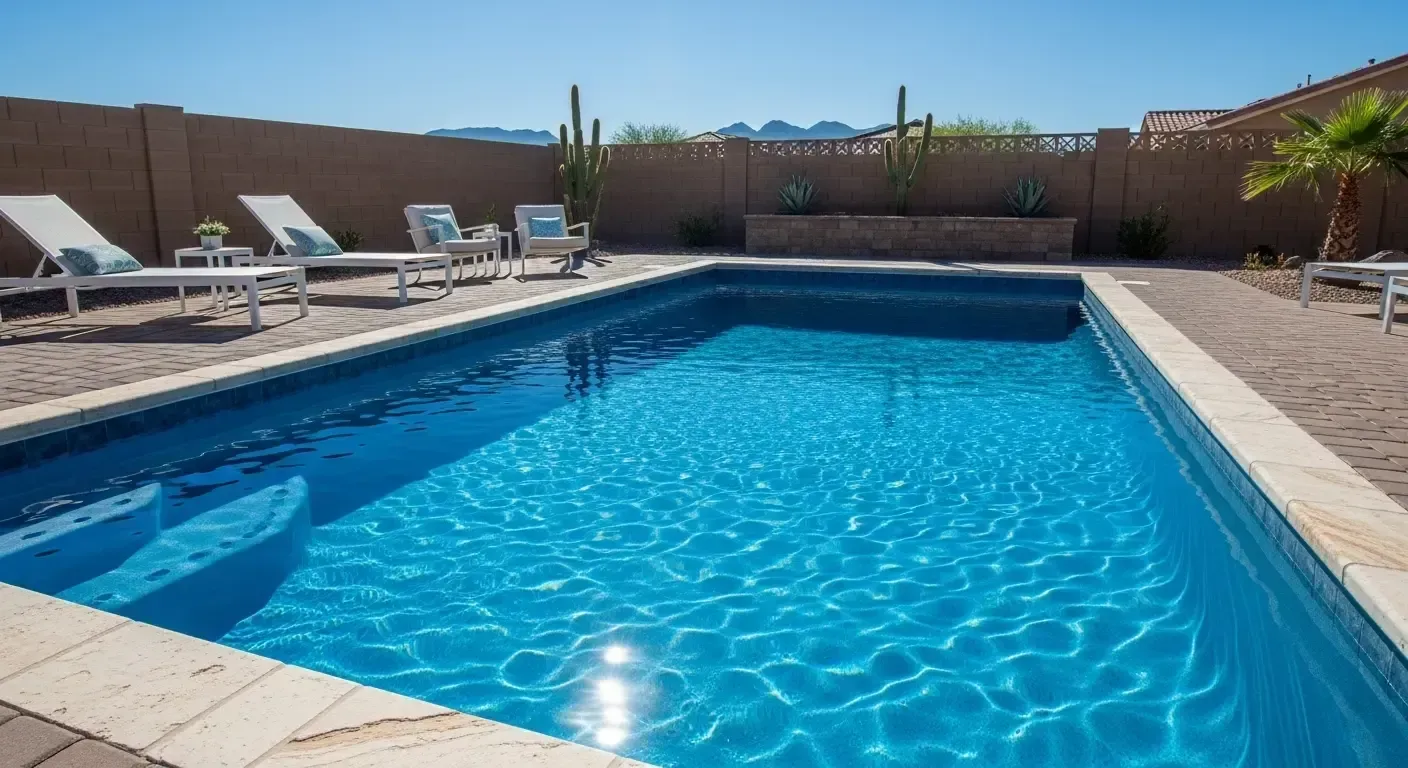 Clear blue backyard swimming pool with lounge chairs and desert landscaping under a bright sky