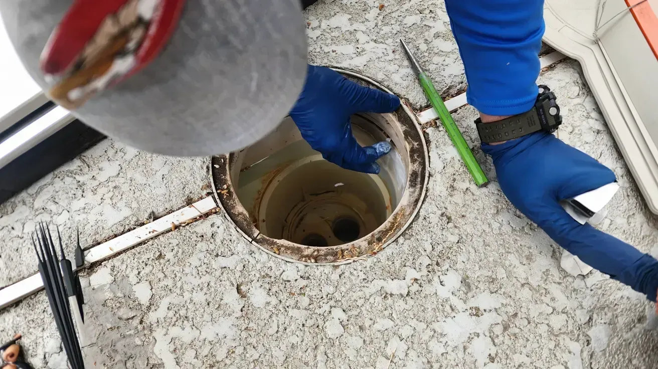 Blue-gloved worker reaching into a rooftop drain opening with a hose and tools