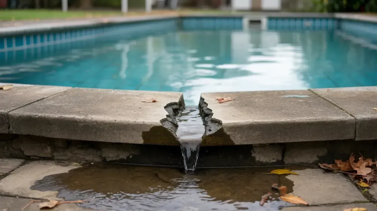 Damaged pool coping with water leaking over the edge into a wet drain below