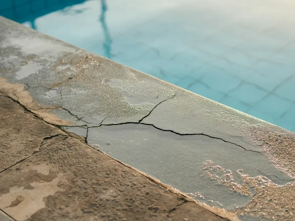 Cracked concrete pool edge beside clear blue water