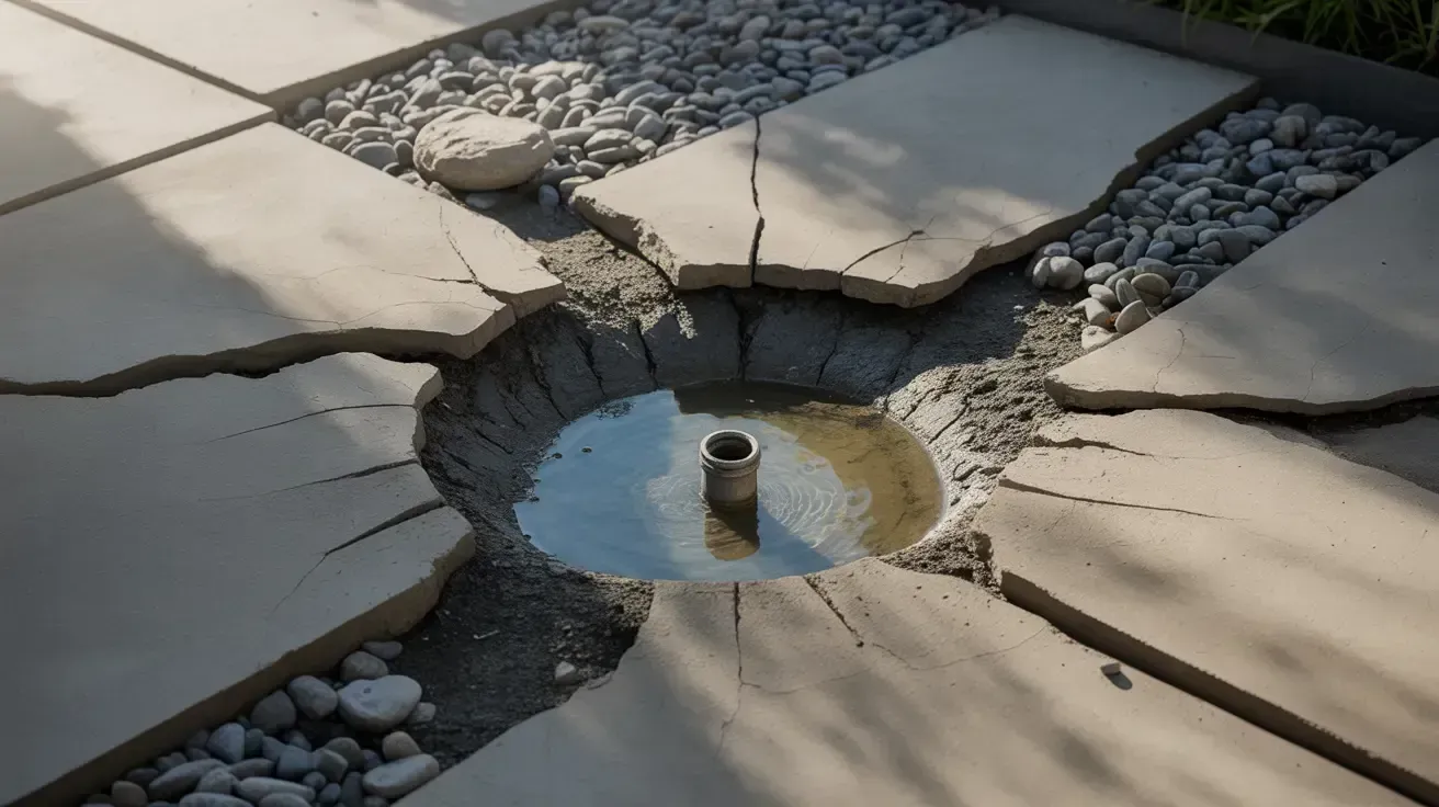 Broken concrete patio around a small fountain pipe, with cracks radiating through the slabs.