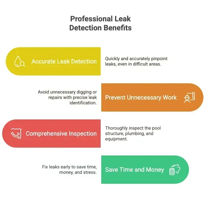 Infographic titled “Professional Leak Detection Benefits” with four colored benefit bars and icons.