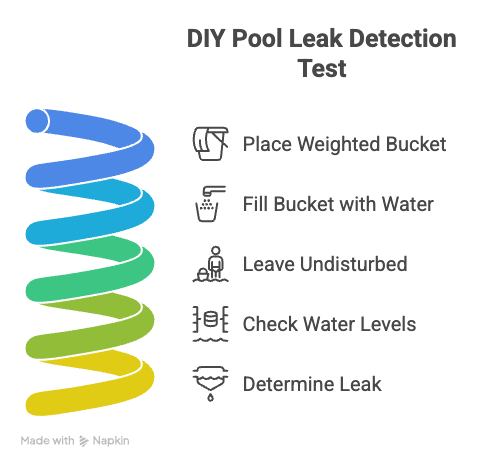 DIY pool leak detection test infographic with bucket steps and blue-to-yellow pool graphics