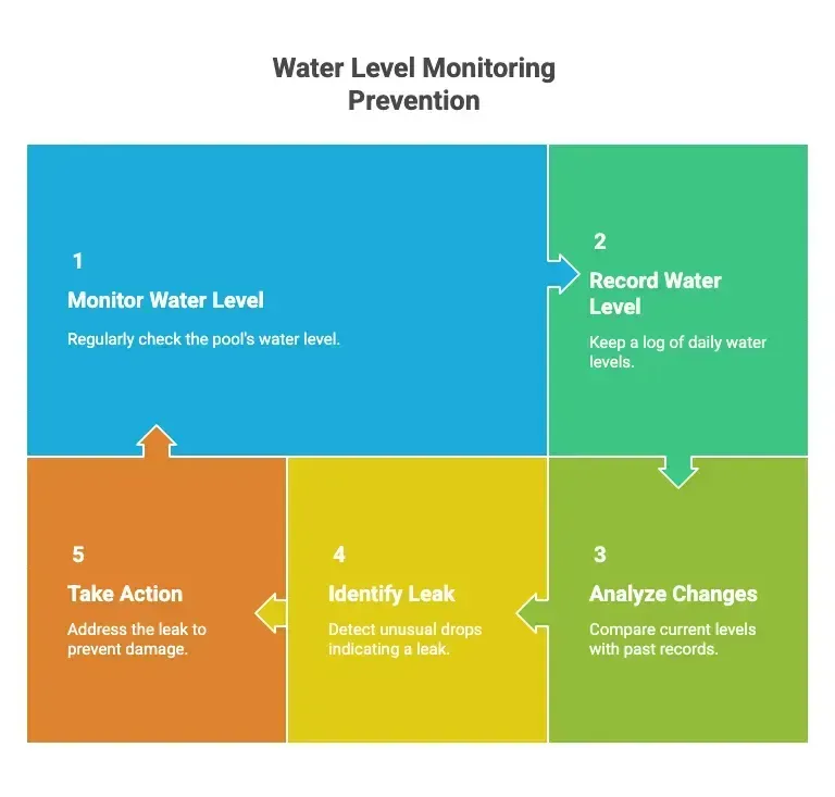 Water level monitoring prevention infographic with five colored steps in blue, green, gold, and orange panels