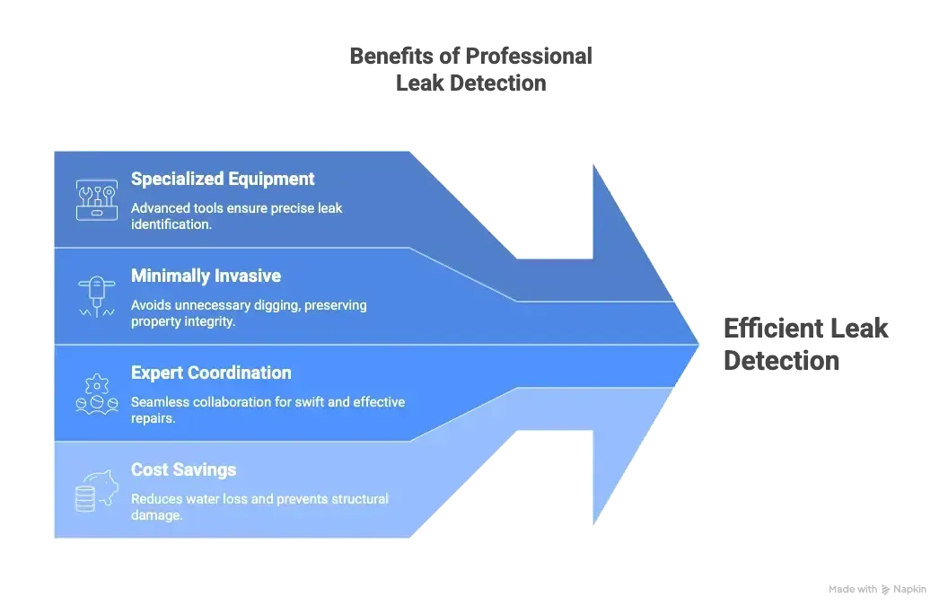 Blue arrow infographic on leak detection benefits, ending at “Efficient Leak Detection” text
